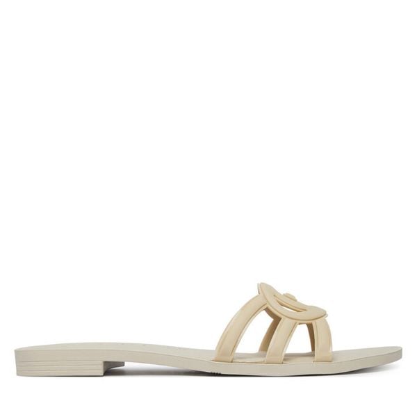 Klapki Guess. Brązowe klapki damskie Guess, z aplikacjami, bez obcasa, bez zapięcia. Za 162.99 zł.