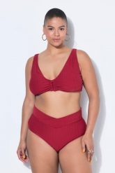 Damski Top bikini miękkie miseczki paski frotte ozdobne kółko. Czerwone stroje kąpielowe damskie Ulla Popken, plus size, bez wzorów, z elastanu. Za 111.99 zł.