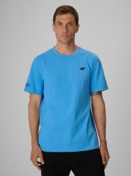 4F T-shirt regular gładki męski - niebieski M. Niebieskie t-shirty męskie 4F, m, bez wzorów, z bawełny, bez kołnierzyka, bez ramiączek. Za 69.99 zł.