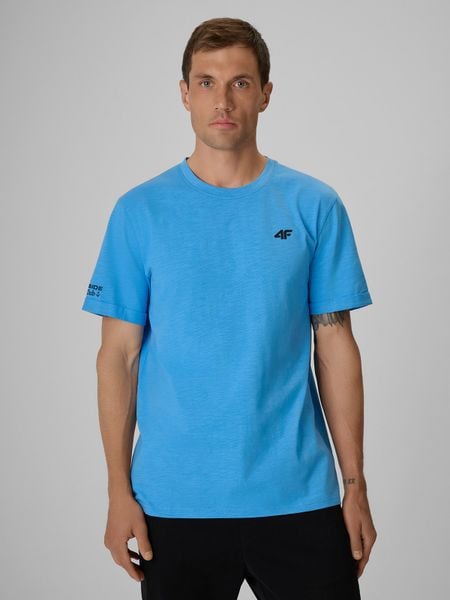 4F T-shirt regular gładki męski - niebieski L. Niebieskie t-shirty męskie 4F, l, bez wzorów, z bawełny, bez kołnierzyka, bez ramiączek. W wyprzedaży za 59.99 zł.