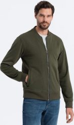 Bawełniana rozpinana bluza męska dresowa bomberka khaki V1 OM-SSZP-0215 M. Brązowe bluzy męskie Ombre, m, bez wzorów, z bawełny, bez kaptura. Za 302.57 zł.