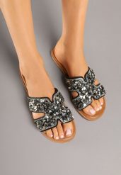 Czarne Klapki na Płaskiej Podeszwie Zdobione Wycięciami i Cyrkoniami Nilaraen. Czarne klapki damskie Renee, z aplikacjami, z jeansu, eleganckie, bez obcasa, na płaskiej podeszwie, bez zapięcia. Za 89.99 zł.