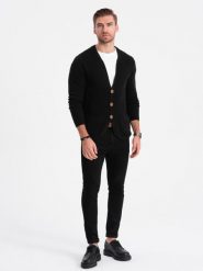 Dzianinowy kardigan męski z kieszeniami i ozdobnymi guzikami – czarny V1 OM-SWCD-0109 - XL. Czarne swetry męskie Ombre Clothing, l, z aplikacjami, z bawełny, casualowe, bez kołnierzyka, bez ramiączek. W wyprzedaży za 69.99 zł.