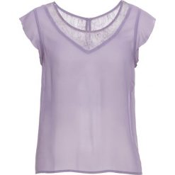 Top szyfonowy, prześwitujący bonprix dymny fioletowy. Fioletowe topy damskie bonprix, bez wzorów, z koronki, bez kołnierzyka, bez ramiączek. Za 43.99 zł.