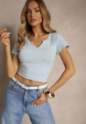 Jasnoniebieski T-shirt z Bawełny z Dekoltem w Serek Ulimisea. Niebieskie t-shirty damskie Renee, l, bez wzorów, z bawełny, eleganckie, bez kołnierzyka, bez ramiączek. Za 24.99 zł.