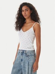 Guess Jeans Top W6GPB5 KH172 Biały Regular Fit. Białe topy damskie Guess Jeans, xl, z aplikacjami, z jeansu, bez kołnierzyka, bez ramiączek. Za 159.99 zł.