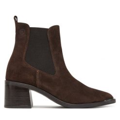 Botki Tamaris. Brązowe botki damskie Tamaris, bez wzorów, bez obcasa, na słupku, bez zapięcia. Za 509.99 zł.