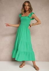 Zielona Sukienka z Bawełny na Ramiączkach Ozdobiona Falbanami i Gumkami Mevalys. Zielone sukienki damskie Renee, na imprezę, l, bez wzorów, z bawełny, eleganckie, bez kołnierzyka, bez ramiączek, maxi, rozkloszowane. Za 39.99 zł.