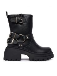 Buffalo Botki Bravr Biker Lo 1220067 Czarny. Czarne botki damskie Buffalo, bez wzorów, ze skóry, bez obcasa, na słupku, bez zapięcia. Za 319.99 zł.