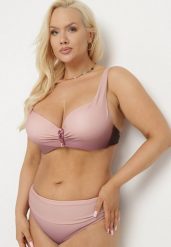 Ciemnoróżowe Bikini Majtki Figi i Biustonosz z Ozdobnym Marszczeniem Linaronia. Czerwone bikini Born2be, bez wzorów. Za 79.99 zł.