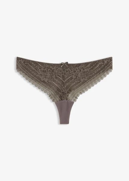 Stringi z delikatnej koronki (2 szt.). Szare majtki damskie bonprix, z koronki. Za 59.98 zł.