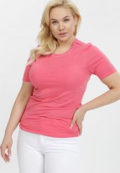 Ciemnoróżowy T-shirt Amathephine. Czerwone t-shirty damskie Born2be, l, bez wzorów, z bawełny, glamour, bez kołnierzyka, bez ramiączek. Za 19.99 zł.