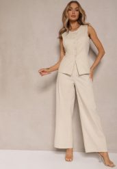 Beżowe Szerokie Spodnie High Waist z Bawełny z Gumką w Talii Nalilva. Brązowe spodnie materiałowe damskie Renee, bez wzorów, z bawełny, biznesowe, z podwyższonym stanem. Za 89.99 zł.