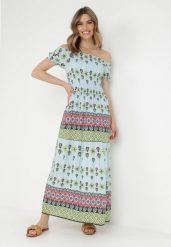 Jasnoniebieska Sukienka z Wiskozy Nesone. Niebieskie sukienki damskie Born2be, m, bez wzorów, z wiskozy, bez kołnierzyka, bez ramiączek, maxi, rozkloszowane. Za 44.99 zł.