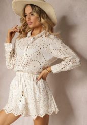 Beżowy Haftowany Komplet z Bawełny Koszula z Długim Rękawem i Luźne Szorty Lecobia. Brązowe koszule damskie Renee, m, bez wzorów, z bawełny, eleganckie, bez kołnierzyka, bez ramiączek. Za 179.99 zł.