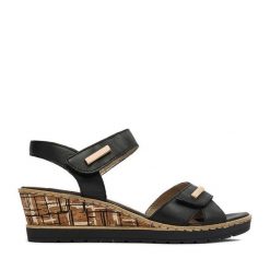 Sandały Remonte. Czarne sandały damskie Remonte, bez wzorów, bez obcasa, na koturnie, bez zapięcia. Za 359.99 zł.