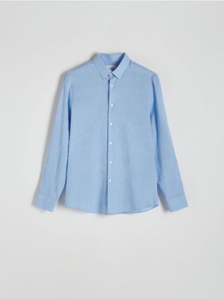Koszula regular fit z lnem - jasnoniebieski. Niebieskie koszule męskie Reserved, l, bez wzorów, z bawełny, bez kołnierzyka, bez ramiączek. W wyprzedaży za 59.99 zł.