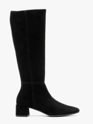 Czarne kozaki na słupku. Czarne kozaki damskie Ryłko, bez wzorów, ze skóry, przed kolano, bez obcasa, na obcasie, bez zapięcia. Za 649.99 zł.