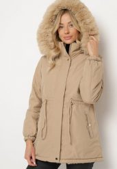 Ciemnobeżowa Dwustronna Kurtka Parka z Odpinanym Kapturem i Futrzaną Podszewką Zinnalea. Brązowe kurtki damskie Born2be, l, bez wzorów, z futra. Za 219.99 zł.