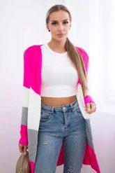 Sweter Kardigan w pasy różowy neon+ecru. Czerwone kardigany damskie KESI, l, bez wzorów, z wełny, bez kołnierzyka, plus size. Za 178.78 zł.