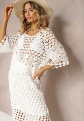 Biała Bluzka z Ażurowego Materiału Bawełniana Euralia. Białe bluzki damskie Renee, w ażurowe wzory, z bawełny, eleganckie, bez kołnierzyka, bez ramiączek. Za 74.99 zł.