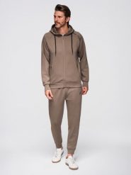 Dresowy komplet męski set bluza rozpinana z kapturem + spodnie dresowe joggery - szarobrązowy V3. Szare bluzy męskie Ombre Clothing, m, bez wzorów, z dresówki, biznesowe, bez ramiączek, z kapturem. Za 409.99 zł.