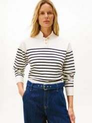 Tommy Hilfiger Sweter z dzianiny Kobiety biały|niebieski, L. Białe swetry nierozpinane damskie Tommy Hilfiger, l, bez wzorów, z dzianiny, bez kołnierzyka, bez ramiączek. Za 479.95 zł.
