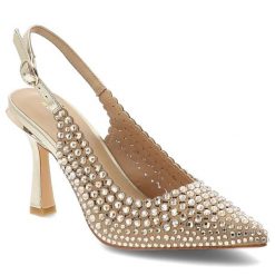 Czółenka damskie Alma En Pena, materiałowa cholewka ozdobne kryształki pasek z regulacją smukły nosek elegancki obcas złoty kolor wizytowy styl, złot. Żółte czółenka damskie Alma En Pena, z aplikacjami, z materiału, eleganckie, bez obcasa, na obcasie, bez zapięcia. Za 509.90 zł.