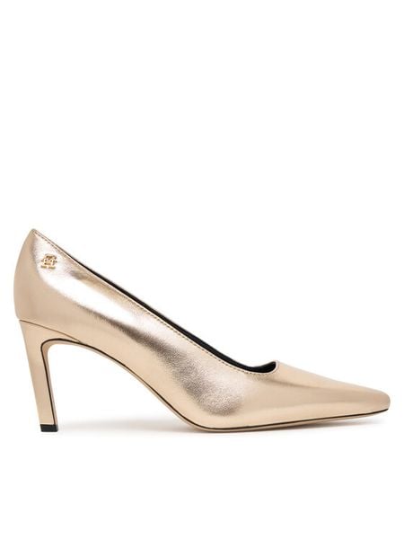 Tommy Hilfiger Szpilki Logo Metallic Pump Slanted Hl FW0FW08994 Złoty. Żółte szpilki damskie Tommy Hilfiger, bez wzorów, ze skóry, bez obcasa, na szpilce, bez zapięcia. Za 549.99 zł.