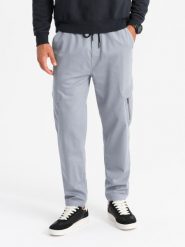 Dzianinowe joggery męskie z kieszeniami cargo – jasnoszare V4 OM-PAJO-0199 - XXL. Szare spodnie materiałowe męskie Ombre Clothing, z aplikacjami, z bawełny. Za 155.99 zł.