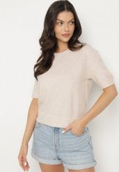 Beżowy Sweter z Wełną i Krótkim Rękawem Turosa. Brązowe swetry nierozpinane damskie Born2be, bez wzorów, z jeansu, eleganckie, bez kołnierzyka, bez ramiączek. Za 109.99 zł.