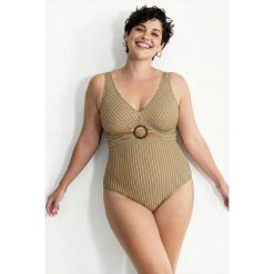 Damskie Strój kąpielowy fakturowane paski miękkie miseczki ozdobny pierścień. Brązowe stroje kąpielowe damskie Ulla Popken, plus size, bez wzorów. Za 239.99 zł.
