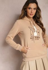 Beżowa Bluza z Kapturem i Ozdobnym Nadrukiem Kliorre. Brązowe bluzy damskie Renee, l, bez wzorów, casualowe, bez ramiączek, z kapturem. Za 79.99 zł.