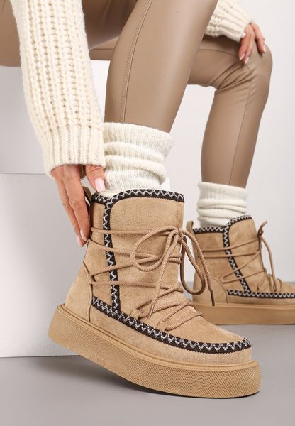 Ciemnobeżowe Sznurowane Śniegowce na Platformie Coralinia. Brązowe śniegowce damskie Renee, z jeansu, bez zapięcia. Za 79.99 zł.