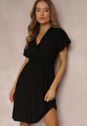 Czarna Sukienka z Wiskozy Jadith. Czarne sukienki damskie Renee, na lato, l, bez wzorów, z wiskozy, bez kołnierzyka, bez ramiączek, mini, kopertowe. Za 44.99 zł.