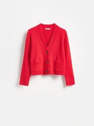 Kardigan z guzikami - czerwony. Czerwone kardigany damskie Reserved, l, bez wzorów, z dzianiny, bez kołnierzyka. Za 119.99 zł.