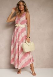 Różowa Rozkloszowana Sukienka z Geometrycznym Wzorem Lumire. Czerwone sukienki damskie Renee, na spotkanie biznesowe, xl, z aplikacjami, eleganckie, bez kołnierzyka, bez ramiączek, maxi, rozkloszowane. Za 49.99 zł.