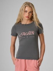 4F T-shirt slim z nadrukiem damski - szary M. Szare t-shirty damskie 4F, m, bez wzorów, z dzianiny, bez kołnierzyka, bez ramiączek. Za 59.99 zł.