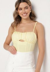 Żółty Gorsetowy Top z Wiskozą i Usztywnionymi Miseczkami Evitris. Żółte topy damskie Born2be, m, bez wzorów, z wiskozy, eleganckie, bez kołnierzyka, bez ramiączek. Za 89.99 zł.