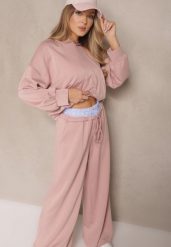 Różowy Komplet Dresowy z Wiskozą Bluza i Spodnie o Szerokim Kroju Lisanora. Czerwone bluzy damskie Renee, bez wzorów, z dresówki, eleganckie, bez ramiączek, z kapturem. Za 169.99 zł.