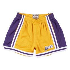 Szorty damskie Los Angeles Lakers jump shot. Żółte szorty damskie Mitchell & Ness, bez wzorów, sportowe. Za 377.50 zł.