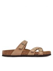 Birkenstock Klapki Franca Sfb 1022973 Beżowy. Brązowe klapki damskie Birkenstock, bez wzorów, z nubiku, bez obcasa, bez zapięcia. Za 599.99 zł.