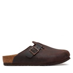 Klapki Birkenstock. Brązowe klapki męskie Birkenstock, bez wzorów, bez zapięcia. Za 569.99 zł.