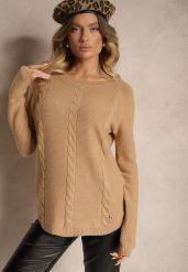 Beżowy Casualowy Sweter z Ozdobnym Splotem Sealinea. Brązowe swetry nierozpinane damskie Renee, m, z aplikacjami, z jeansu, casualowe, bez kołnierzyka, bez ramiączek. Za 69.99 zł.