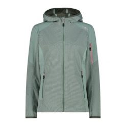 Damska kurtka z kapturem zapinana na zamek CMP. Niebieskie kurtki sportowe damskie CMP, bez wzorów, z softshellu, bez ramiączek, z kapturem, trekkingowe. Za 393.10 zł.