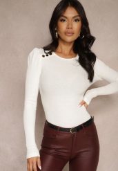 Biała Bawełniana Bluzka z Prążkowanego Materiału z Guzikami Simlemi. Białe bluzki damskie Renee, l, bez wzorów, z bawełny, eleganckie, bez kołnierzyka, bez ramiączek. Za 49.99 zł.