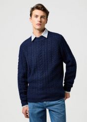 MESKI SWETER WRANGLER CABLE KNIT SWEATER DENIM HEATHER 112371654. Brązowe swetry męskie Wrangler, m, bez wzorów, z denimu, bez kołnierzyka, bez ramiączek. Za 169.99 zł.