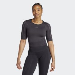 Koszulka Aeroknit. Czarne bluzki damskie Adidas, l, bez wzorów, z materiału, sportowe, bez kołnierzyka, bez ramiączek. Za 179.00 zł.