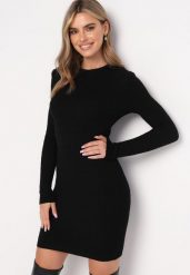 Czarna Dzianinowa Sukienka Mini z Ozdobnym Prążkowaniem o Dopasowanym Fasonie Kais. Czarne sukienki damskie Born2be, bez wzorów, z bawełny, bez kołnierzyka, bez ramiączek, midi, dopasowane. Za 74.99 zł.