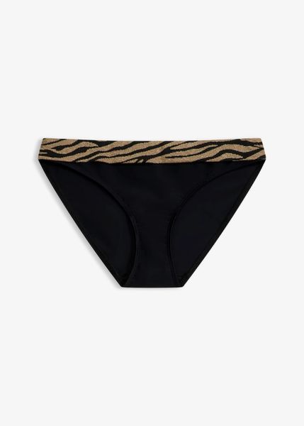 Figi bikini z błyszczącego materiału. Czarne bikini bonprix, bez wzorów. Za 77.99 zł.